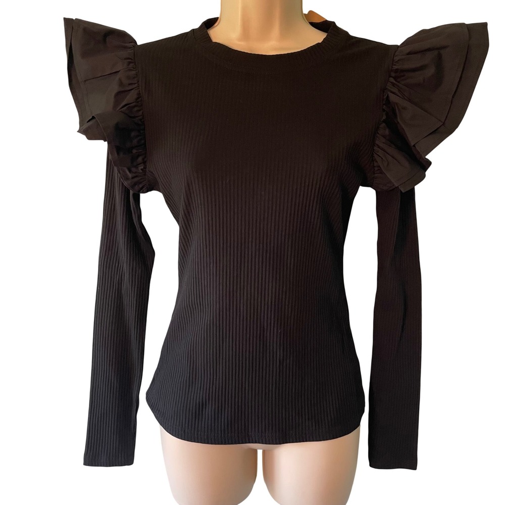 NWT Flying Tomato Happiest Here Black Knit Top Size M Ruffle Shoulder Ribbed - Picture 1 of 10